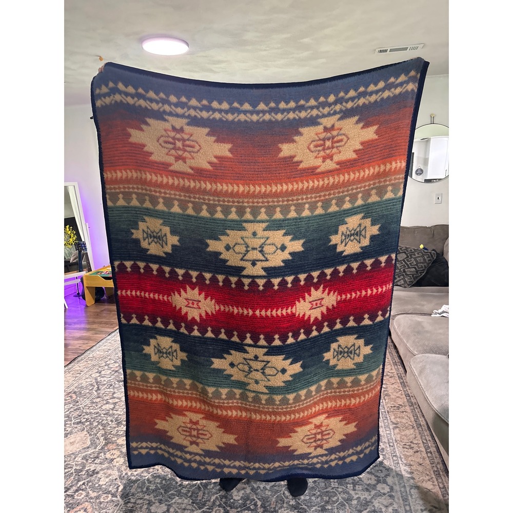 Vtg Biederlack Southwest Aztec Fleece Blanket Reversible Throw USA Made